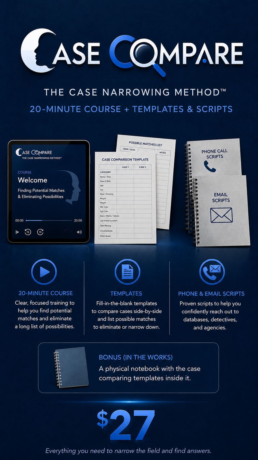 The Case Narrowing Method: a tablet playing the 20-minute course, printed case comparison templates and a possible matches list, and notebooks of phone and email scripts.