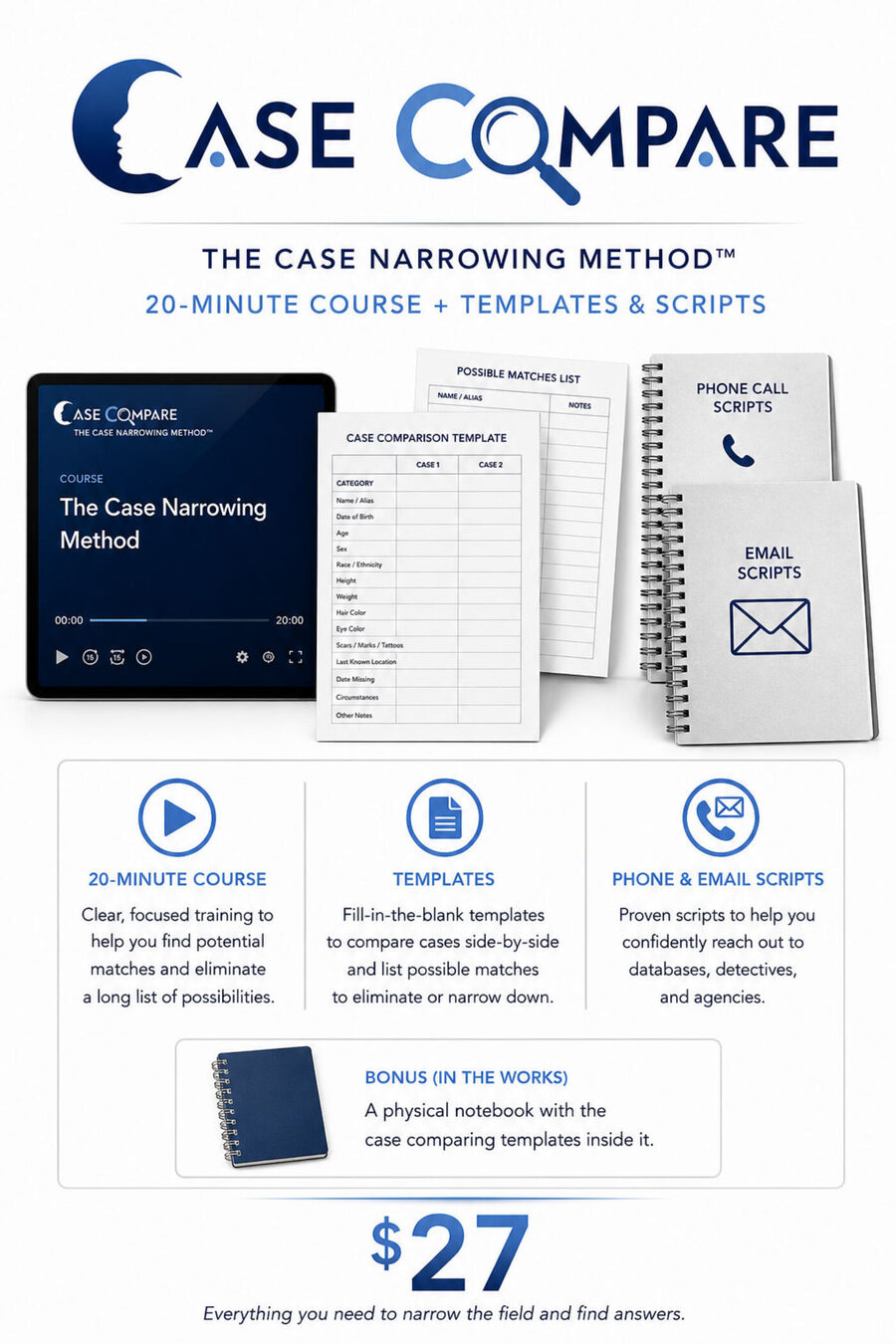 What the course includes: a 20-minute video lesson, printed case comparison templates and a possible matches list, and phone and email script notebooks.